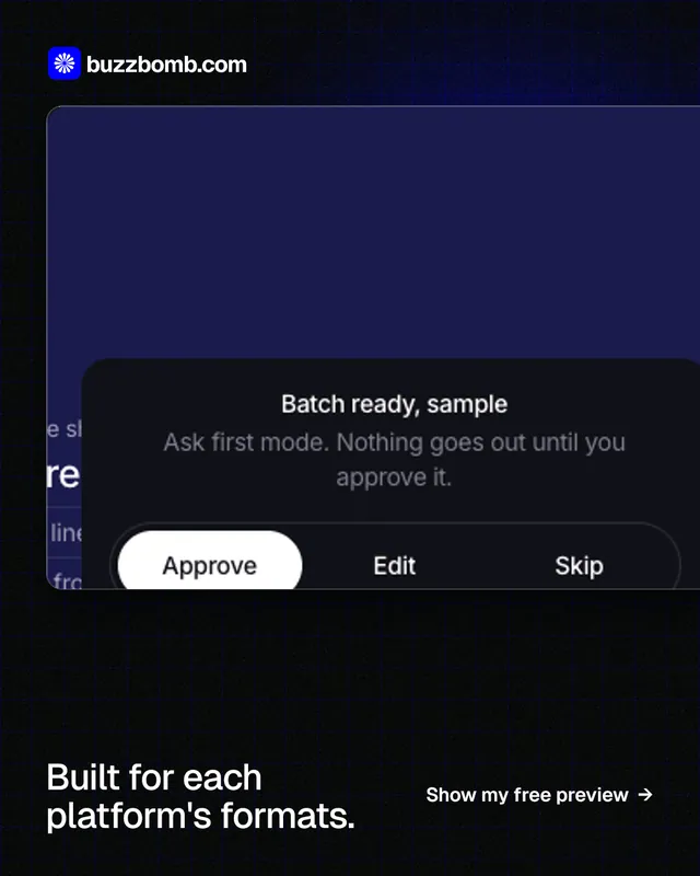 Instagram portrait post for BuzzBomb: "Built for each platform's formats." Phosphor atlas style, image led layout, dark palette in black, blue, grey.