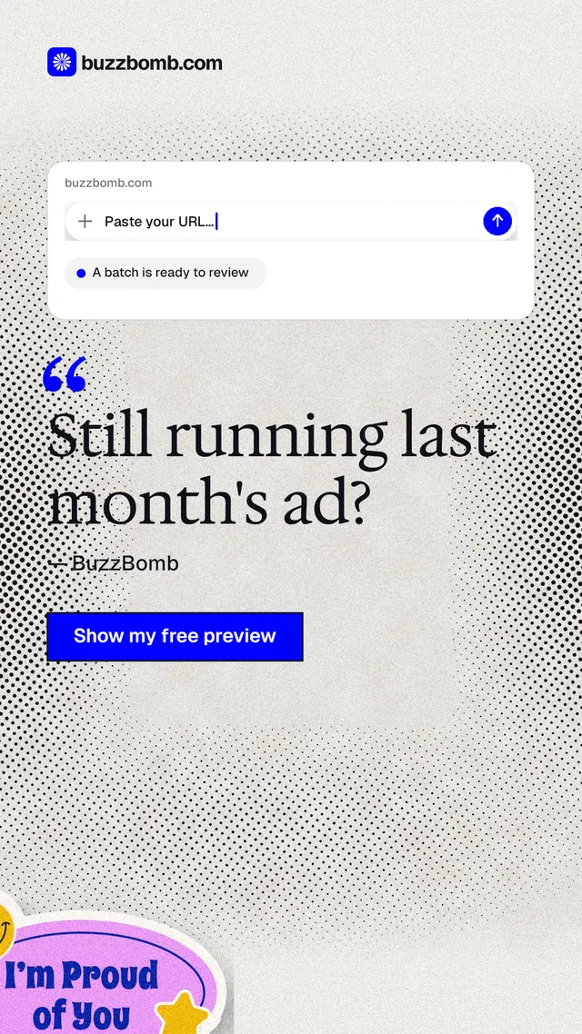 Instagram story for BuzzBomb: "Still running last month's ad?" Ink sticker style, quote layout, light palette in white, purple.