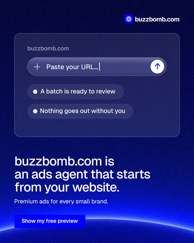 Instagram portrait post for BuzzBomb: "buzzbomb.com is an ads agent that starts from your website." Swiss style, bottom layout, dark palette in blue.