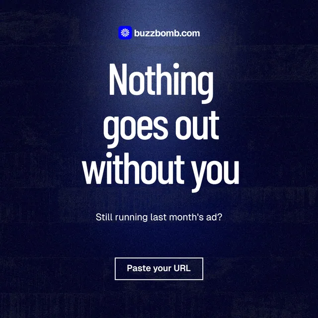 Instagram post for BuzzBomb: "Nothing goes out without you". Dark deco style, centred layout, dark palette in blue, black.