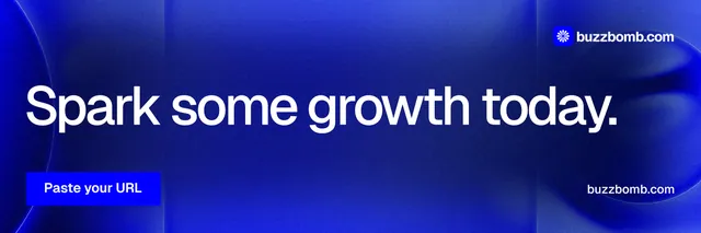 X header for BuzzBomb: "Spark some growth today." Swiss style, poster layout, dark palette in blue.