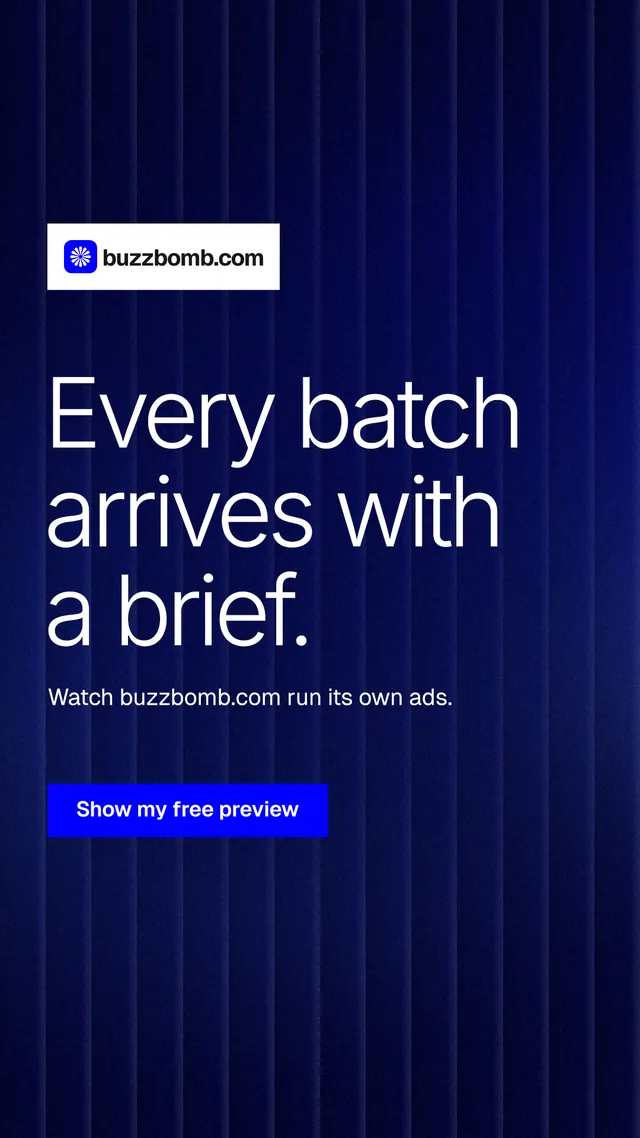 Instagram story for BuzzBomb: "Every batch arrives with a brief." Swiss style, announce layout, dark palette in black, blue.