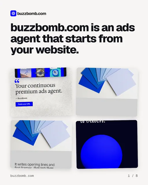 Carousel for BuzzBomb: "buzzbomb.com is an ads agent that starts from your website.". Collection carousel, 8 slides, light palette.