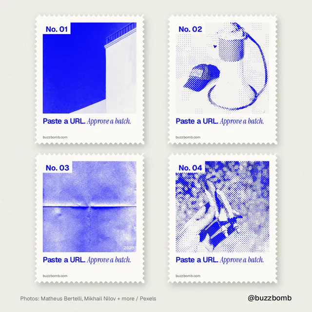 Instagram post for BuzzBomb: "Paste a URL. Approve a batch." Sheet style, technique:stamp series layout, light palette in yellow, white, blue.