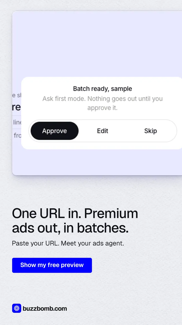Instagram story for BuzzBomb: "One URL in. Premium ads out, in batches." Data card style, bottom layout, light palette in white, blue.