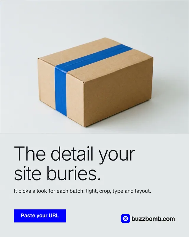 Instagram portrait post for BuzzBomb: "The detail your site buries." Swiss style, bottom layout, light palette in white, grey.