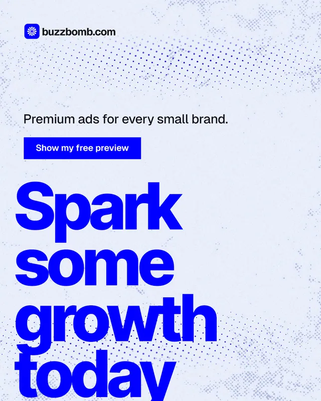 Instagram portrait post for BuzzBomb: "Spark some growth today." Swiss style, oversized layout, light palette in white, blue.
