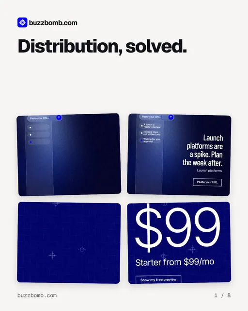 Carousel for BuzzBomb: "Distribution, solved.". Collection carousel, 8 slides, light palette.
