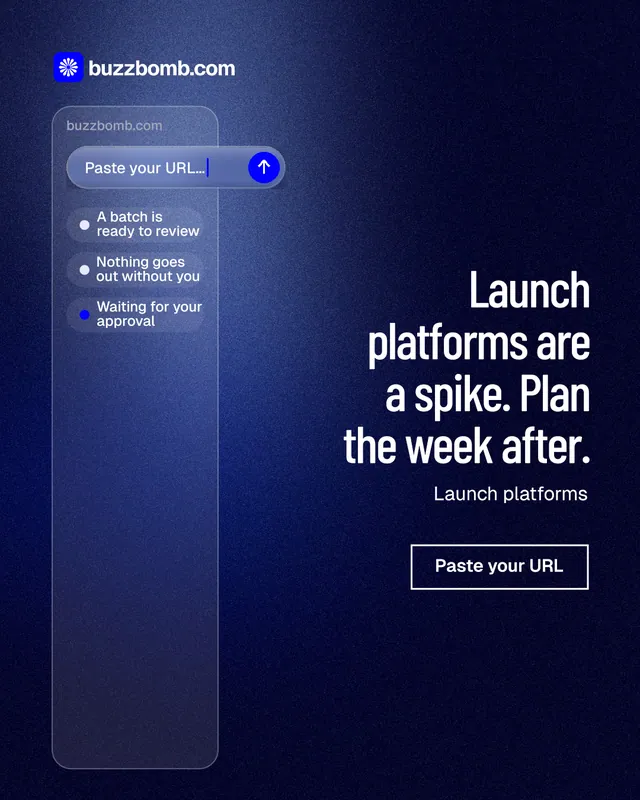Instagram portrait post for BuzzBomb: "Launch platforms are a spike. Plan the week after." Dark deco style, right layout, dark palette in blue, black.