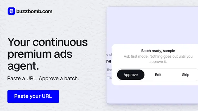 Landscape graphic for BuzzBomb: "Your continuous premium ads agent." Data card style, bottom layout, light palette in white, blue.
