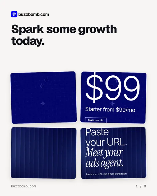 Carousel for BuzzBomb: "Spark some growth today.". Collection carousel, 8 slides, light palette.