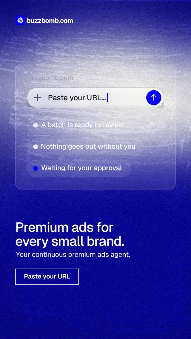 Instagram story for BuzzBomb: "Premium ads for every small brand." Cyanotype style, bottom layout, dark palette in blue.