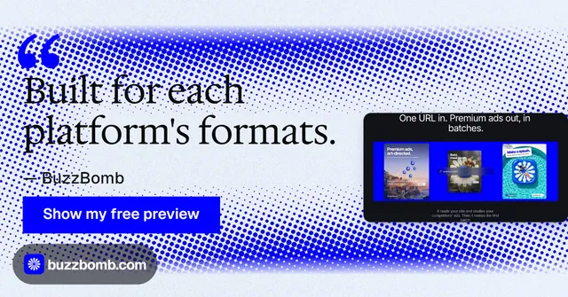 Social ad for BuzzBomb: "Built for each platform's formats." Swiss style, quote layout, light palette in blue, white.