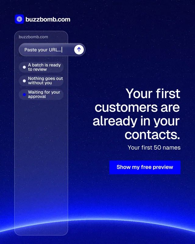 Instagram portrait post for BuzzBomb: "Your first customers are already in your contacts." Swiss style, right layout, dark palette in blue.