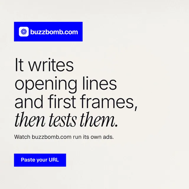 Instagram post for BuzzBomb: "It writes opening lines and first frames, then tests them." Swiss style, announce layout, light palette in white, blue.