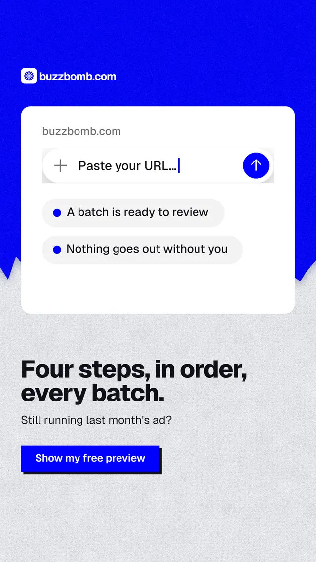 Instagram story for BuzzBomb: "Four steps, in order, every batch." Paper trio style, bottom layout, light palette in white, blue.