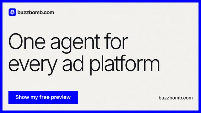 Landscape graphic for BuzzBomb: "One agent for every ad platform". Swiss style, poster layout, light palette in white, grey, blue.