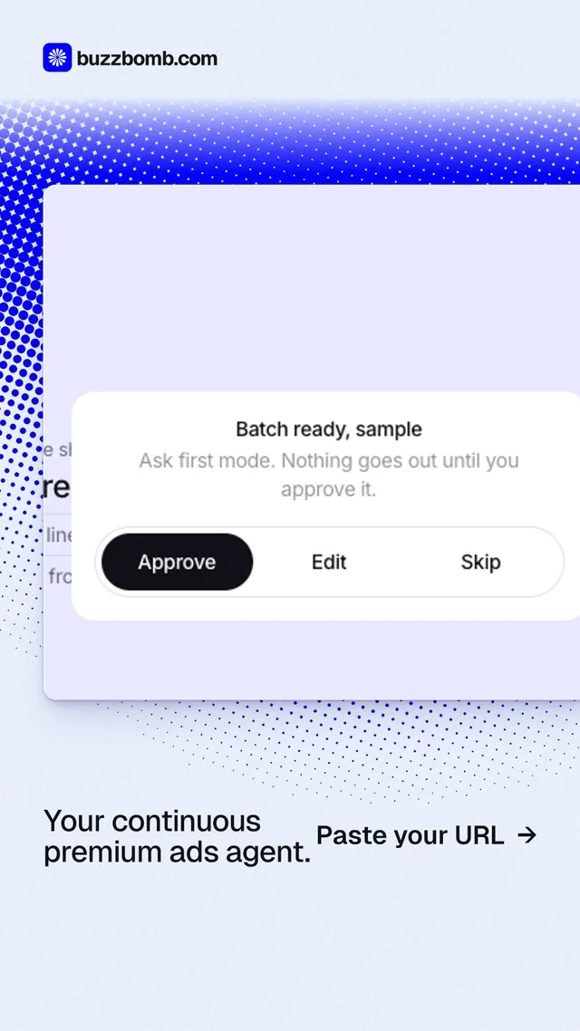 Instagram story for BuzzBomb: "Your continuous premium ads agent." Swiss style, image led layout, light palette in white, blue.