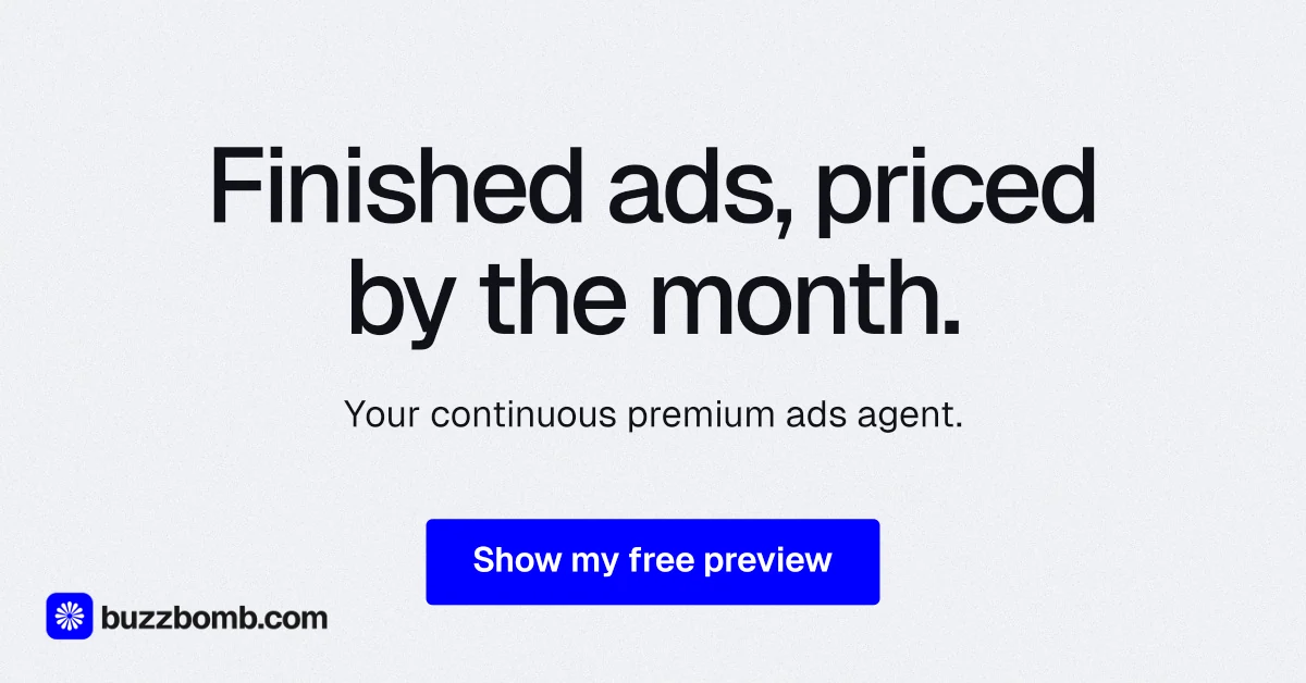 Social ad for BuzzBomb: "Finished ads, priced by the month." Data card style, centred layout, light palette in white, blue.
