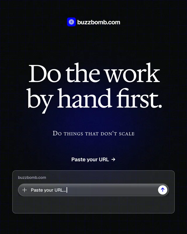 Instagram portrait post for BuzzBomb: "Do the work by hand first." Phosphor atlas style, smallcaps layout, dark palette in black, blue, grey.
