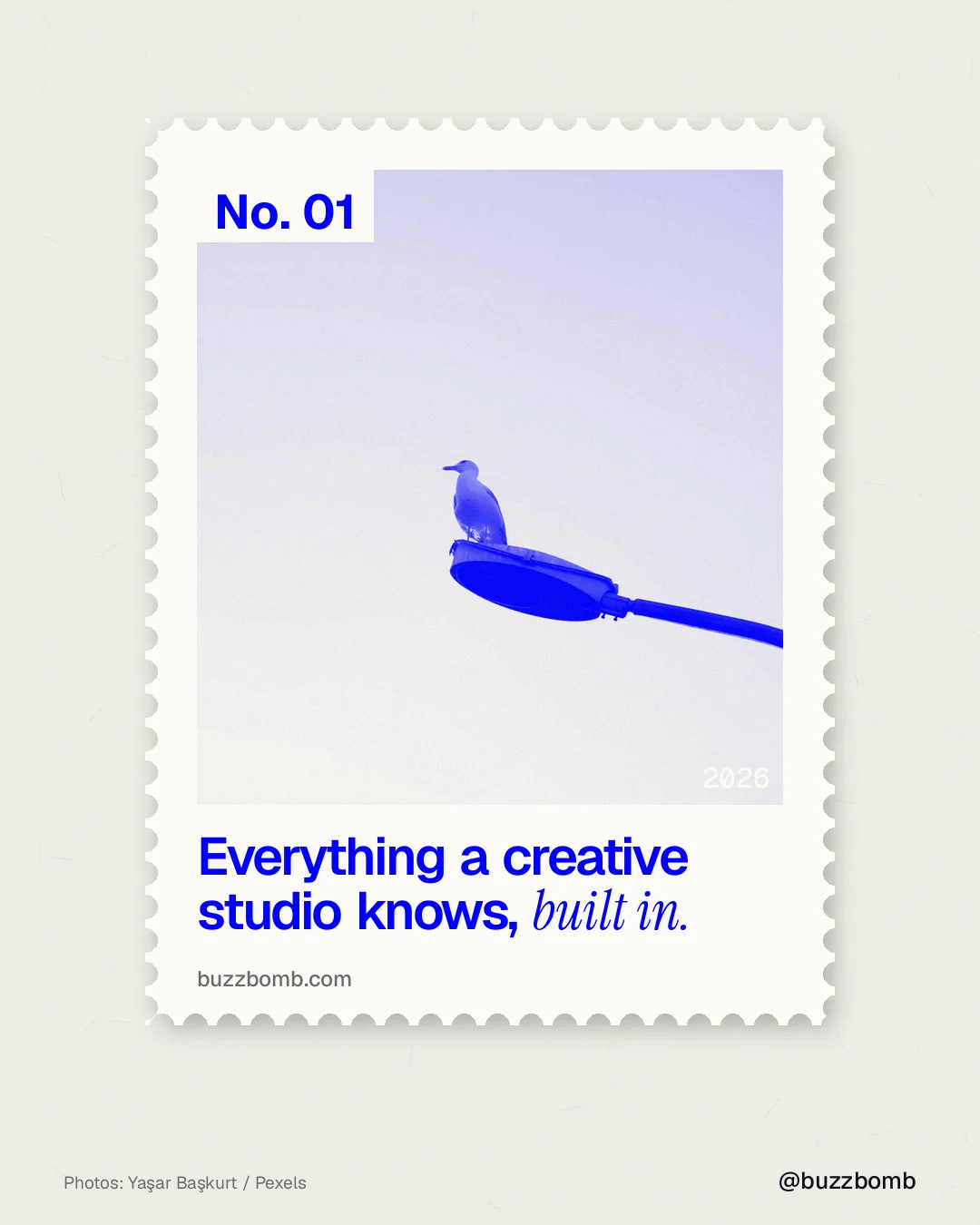 Instagram portrait post for BuzzBomb: "Everything a creative studio knows, built in." Single style, technique:stamp series layout, light palette in yellow, blue, white.