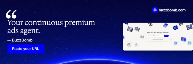X header for BuzzBomb: "Your continuous premium ads agent." Swiss style, quote layout, dark palette in blue, white.
