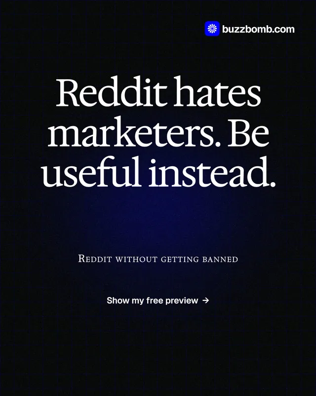 Instagram portrait post for BuzzBomb: "Reddit hates marketers. Be useful instead." Phosphor atlas style, smallcaps layout, dark palette in black, grey.