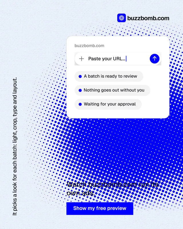 Instagram portrait post for BuzzBomb: "It picks a look for each batch: light, crop, type and layout." Swiss style, vertical layout, light palette in white, blue.