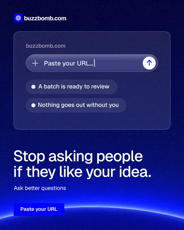 Instagram portrait post for BuzzBomb: "Stop asking people if they like your idea." Swiss style, bottom layout, dark palette in blue.