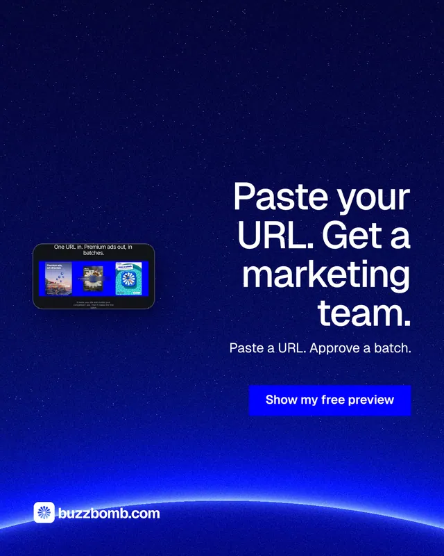 Instagram portrait post for BuzzBomb: "Paste your URL. Get a marketing team." Swiss style, right layout, dark palette in blue.