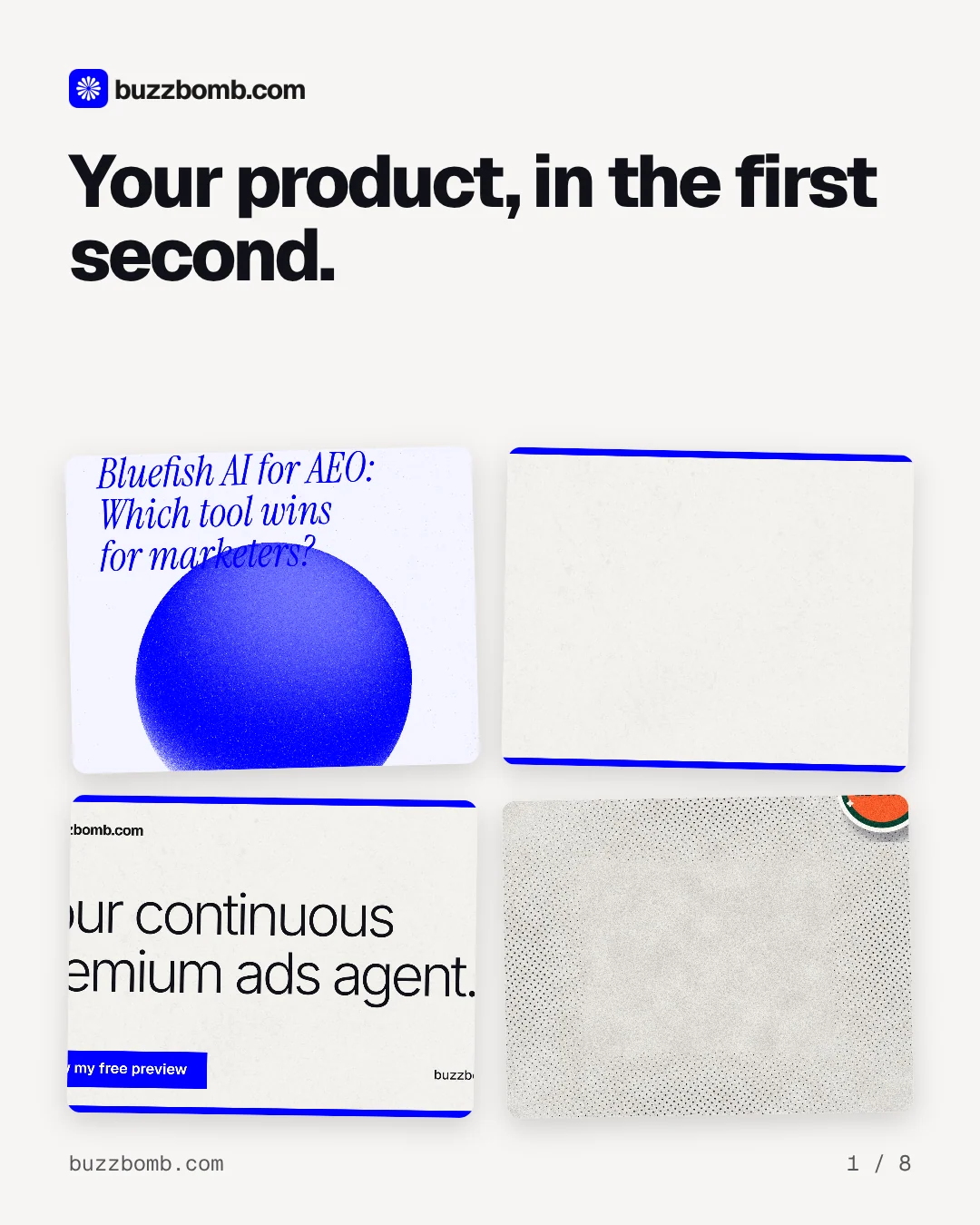 Carousel for BuzzBomb: "Your product, in the first second.". Collection carousel, 8 slides, light palette.