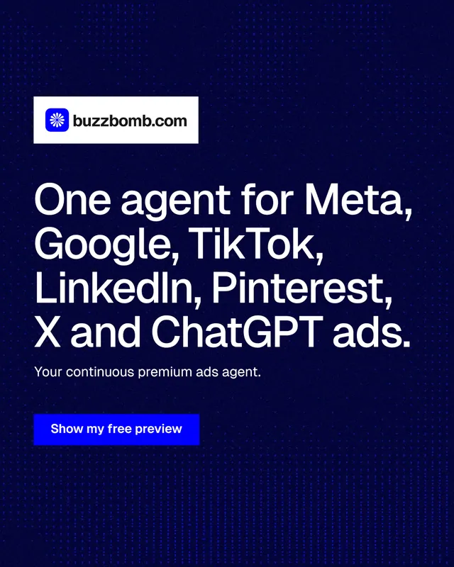 Instagram portrait post for BuzzBomb: "One agent for Meta, Google, TikTok, LinkedIn, Pinterest, X and ChatGPT ads." Swiss style, announce layout, dark palette in blue, grey.