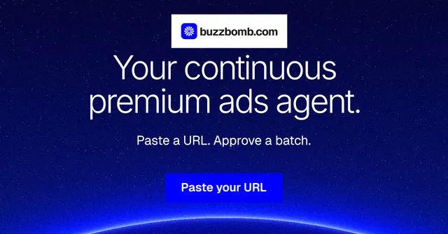 Social ad for BuzzBomb: "Your continuous premium ads agent." Swiss style, centred layout, dark palette in blue.