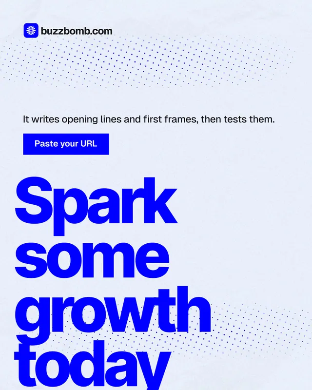 Instagram portrait post for BuzzBomb: "Spark some growth today." Swiss style, oversized layout, light palette in white, blue.