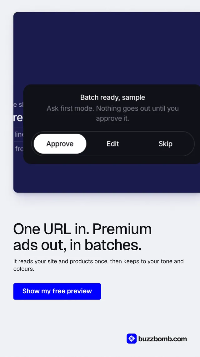 Instagram story for BuzzBomb: "One URL in. Premium ads out, in batches." Data card style, bottom layout, light palette in white, blue, black.