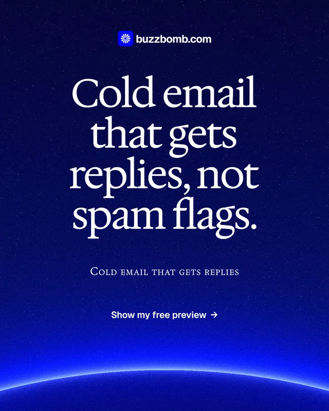 Instagram portrait post for BuzzBomb: "Cold email that gets replies, not spam flags." Swiss style, smallcaps layout, dark palette in blue.