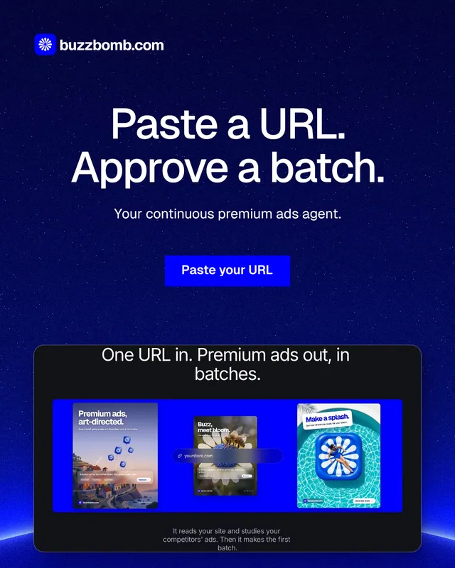 Instagram portrait post for BuzzBomb: "Paste a URL. Approve a batch." Swiss style, centred layout, dark palette in blue.