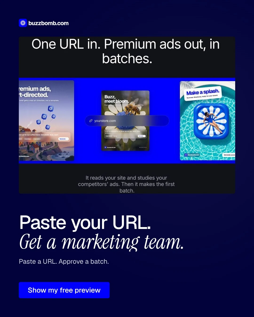 Video for BuzzBomb: "Paste your URL. Get a marketing team.". Doc motion loop, 7.0 s, dark palette.