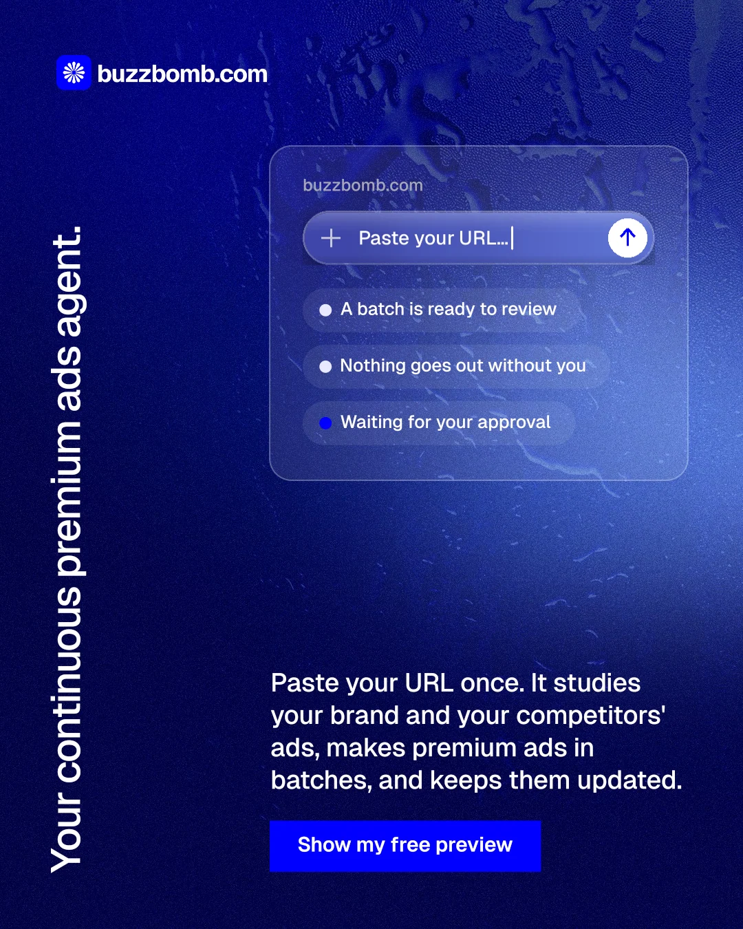Instagram portrait post for BuzzBomb: "Your continuous premium ads agent." Swiss style, vertical layout, dark palette in blue.