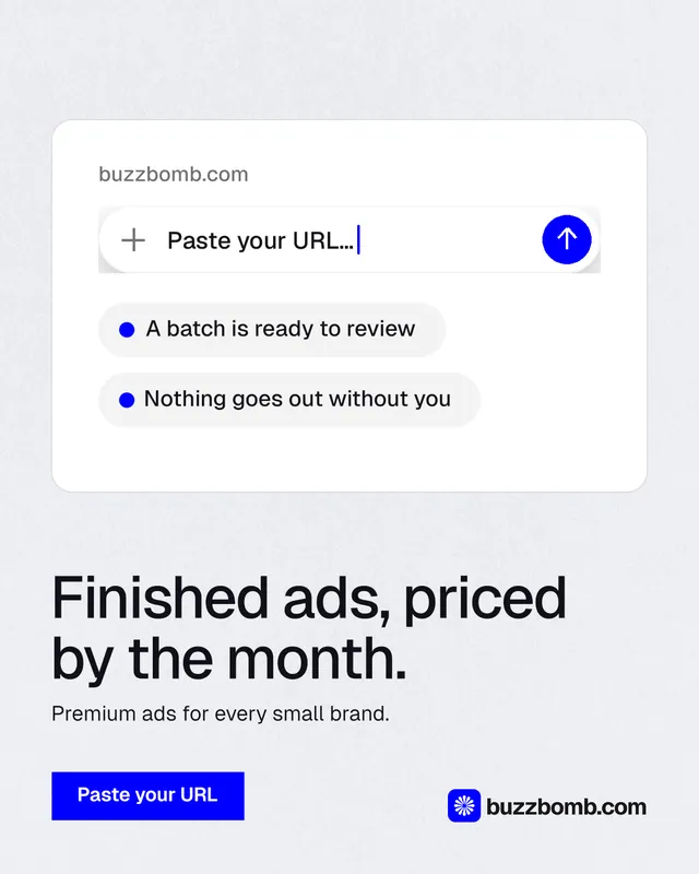Instagram portrait post for BuzzBomb: "Finished ads, priced by the month." Swiss style, bottom layout, light palette in white, blue.