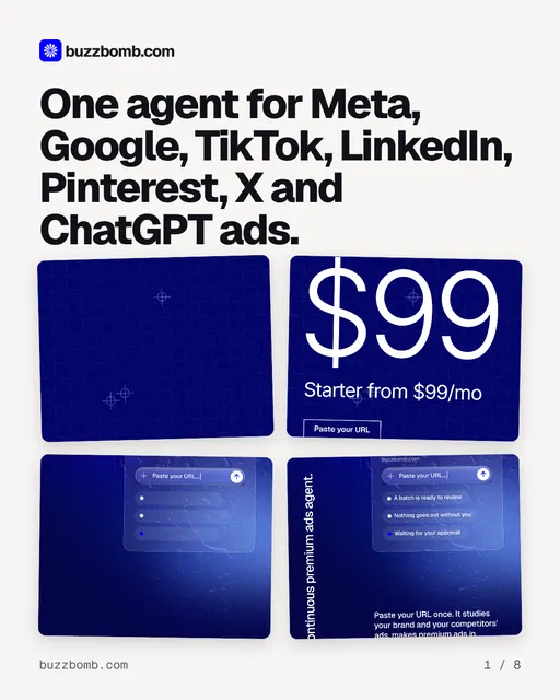 Carousel for BuzzBomb: "One agent for Meta, Google, TikTok, LinkedIn, Pinterest, X and ChatGPT ads.". Collection carousel, 8 slides, light palette.