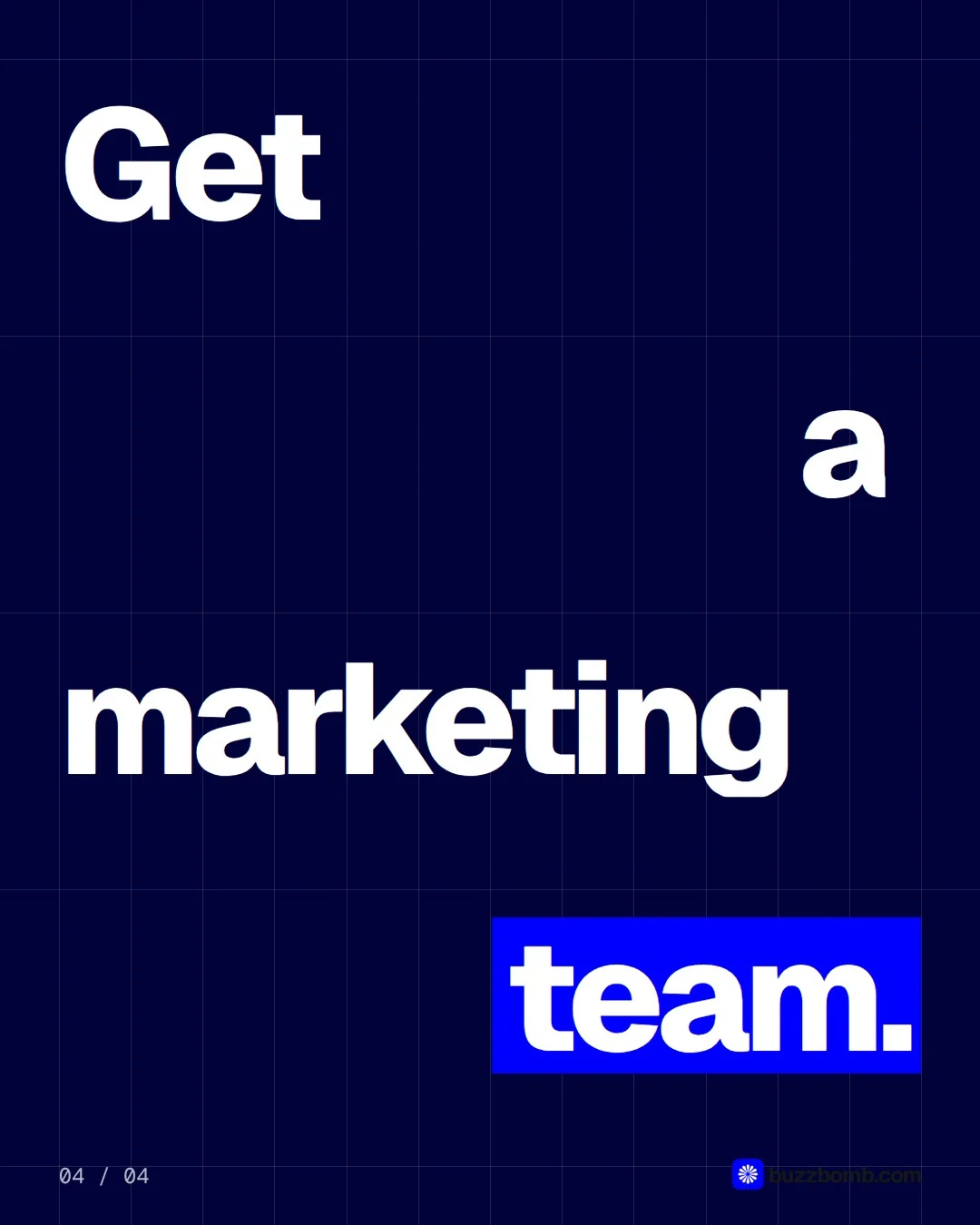 Video for BuzzBomb: "One agent for Meta, Google, TikTok, LinkedIn, Pinterest, X and ChatGPT ads.". Kinetic type grid, 6.0 s, dark palette.