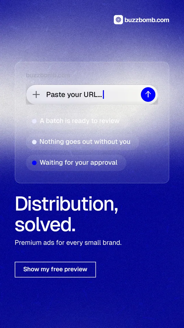 Instagram story for BuzzBomb: "Distribution, solved." Cyanotype style, bottom layout, dark palette in blue.