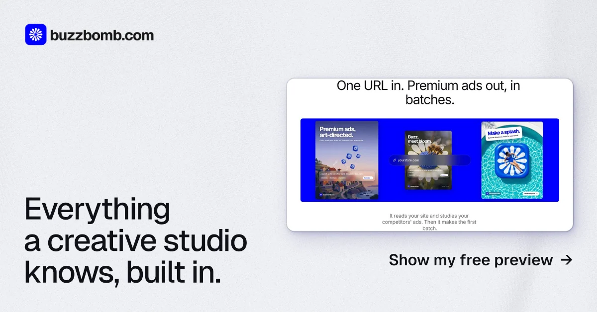 Social ad for BuzzBomb: "Everything a creative studio knows, built in." Swiss style, image led layout, light palette in white, blue.