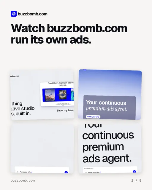 Carousel for BuzzBomb: "Watch buzzbomb.com run its own ads.". Collection carousel, 8 slides, light palette.