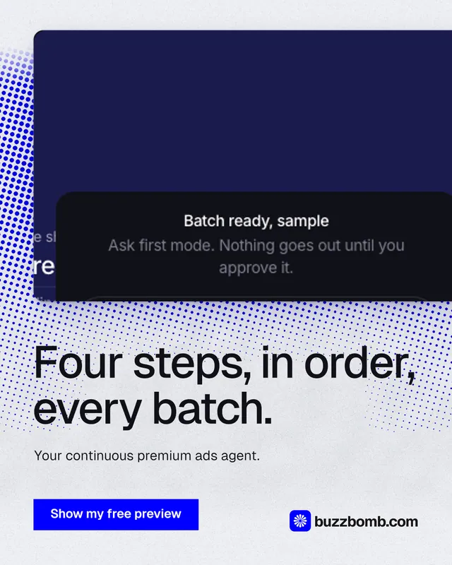 Instagram portrait post for BuzzBomb: "Four steps, in order, every batch." Swiss style, bottom layout, light palette in white, blue.