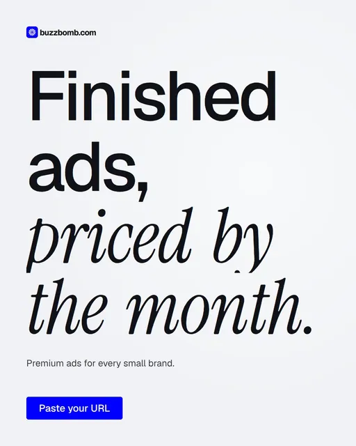 Video for BuzzBomb: "Finished ads, priced by the month.". Doc motion loop, 8.0 s, light palette.