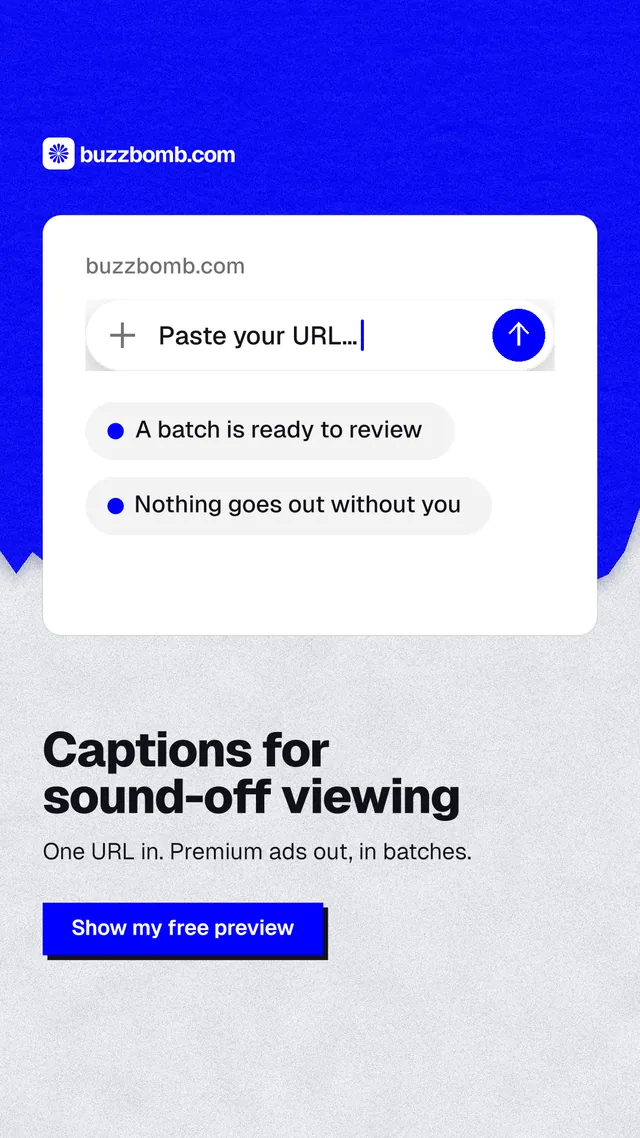 Instagram story for BuzzBomb: "Captions for sound-off viewing". Paper trio style, bottom layout, light palette in white, blue.