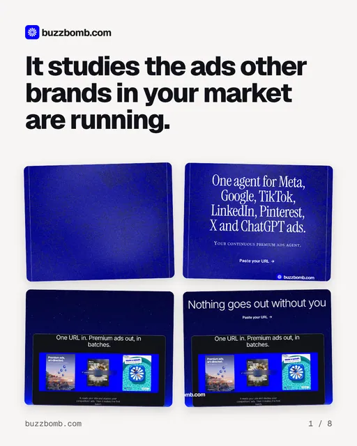 Carousel for BuzzBomb: "It studies the ads other brands in your market are running.". Collection carousel, 8 slides, light palette.