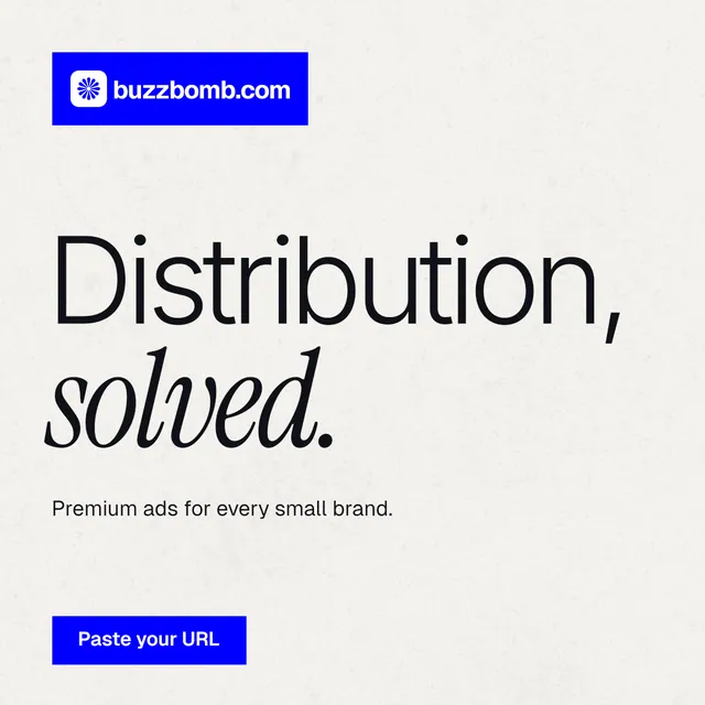 Instagram post for BuzzBomb: "Distribution, solved." Swiss style, announce layout, light palette in white, blue.